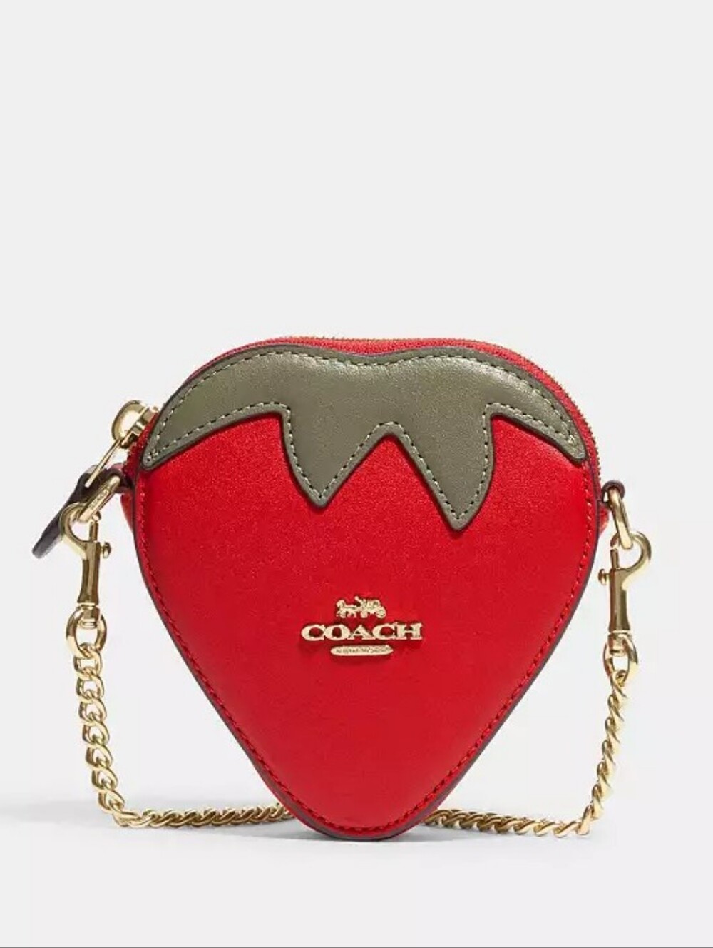 LIKE NEW COACH STRAWBERRY COIN CASE WITH GOLD CHAIN - ELECTRIC RED MULTI